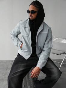 Manfinity Homme Men's Casual Loose Fit Vintage American Style Stand Collar Jacket,Light Grey Bomber Jackets,Autumn Streetwear,City Break Zip Up Cropped Couple Jacket - Grey - View 6