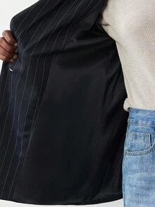 Maija 女士蓝色条纹长款休闲西装外套，秋季百搭都市风格，商务休闲女装，秋季，女士秋季 - 藏蓝色 - 查看 8