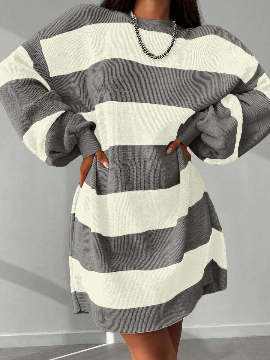 Women's Striped Sweater Dress With Drop Shoulder - Grey - View 1