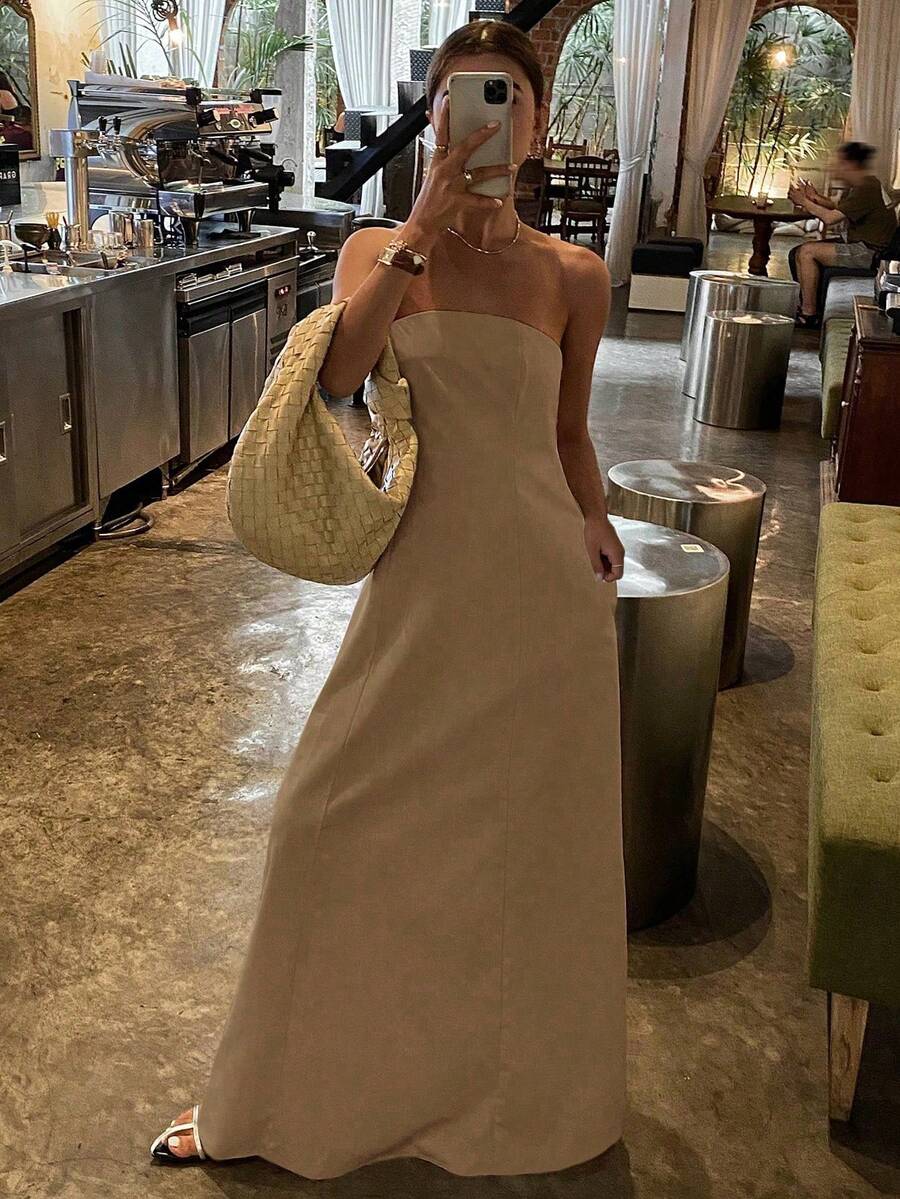 DAZY Solid Sleeveless Dress, Elegant Long Dress For Women, Suitable For Spring And Summer Vacation Sundress Linen - Khaki - View 1