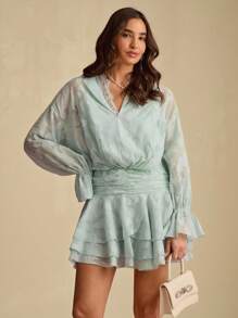 Enchnt Summer Romantic Women's Green Jacquard Cowl Lace Neck Dropped Shoulder Long Sleeve Layered Ruffle Hem Mini Dress, Suitable For Vacation,Sweet&Date&Holiday&Party&Graduation,Summer Clothes, ,Elegant Dresses For Party,Bohemian Clothes - Green - View 4