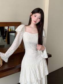 Modelyn Vestido de manga larga con volante en la cintura y bajo, estilo único francés - Beis - Ver 3