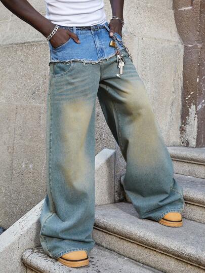 Street Life Men's Patchwork Contrast Color Washed Loose Baggy Jeans