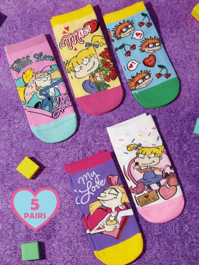 Nick 90s | SHEIN 5 pares de calcetines casuales de tobillo suaves y transpirables que absorben la humedad, con diseños coloridos y lindos, con refuerzo en los dedos y el talón para mayor durabilidad, unisex para hombres y mujeres, para todas las estaciones y todo el año