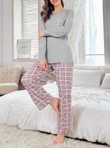 EURMUSE Cotton 2pcs/Set Women' S Print Pajamas And Pocket Detail Long Sleeve Homewear Pajama Set Womens Pajama Set Plaid Pajama Set Soft Pajama Set Round Neck Pajama Set Womens Sleepwear Set - Grey - View 2