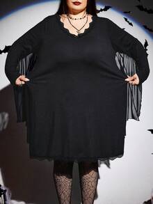 SHEIN CURVE+ Váy dơi tay cánh dơi phối ren phong cách Halloween Punk cỡ lớn dành cho nữ, váy Goth màu đen cỡ lớn, váy phù thủy/Mùa thu/Mùa đông - màu đen - Xem 7