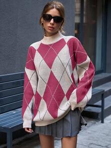 Women Mock Neck Diamond Pattern Drop Shoulder Pullover,Jumper,Cream Jumper,Jumpers,Christmas Jumper,White Jumper,Black Jumper,Ladies Jumper,Women's Jumpers