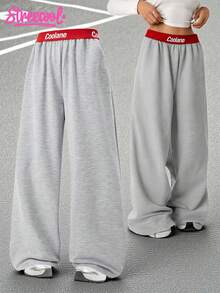 SHEIN Explorewe Teen Girl Casual Contrast Color Waistband Wide Leg Sweatpants Summer Holiday - Grey - View 11