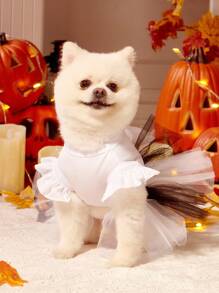 1pc Cartoon Scary Face Print White Mesh Patchwork Halloween Pumpkin Cute Cap Sleeve Dog Dress, Suitable For Cats And Dogs, For Halloween Party, PETSIN Original Design - Multicolor - View 4