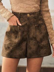 Anewsta Damen neue elegante Leder Weite Bein Shorts - Khaki - Übersicht 5