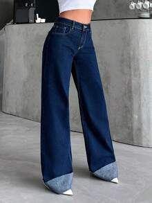 EURMUSE Casual Loose Rolled Up Wide Leg Jeans - Dark Wash - View 3