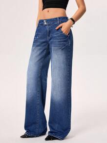 SHEIN EZwear 女式低腰口袋宽松休闲直筒牛仔裤 - 深色水洗藍 - 查看 6