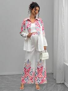 Momance 2件套孕妇优雅花卉印花衬衫和裤子套装 - 白色 - 查看 3