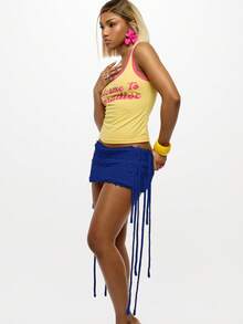 SUMWON WOMEN Váy ngắn đan móc tua rua phong cách Boho mùa hè, mặc đi biển, cạp cao, dự tiệc, câu lạc bộ, váy dệt kim họa tiết - Màu xanh hải quân - Xem 6