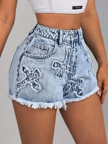 SHEIN ICON Quần short denim sáng màu thường ngày có viền tua rua dành cho nữ - Rửa nhẹ - Xem 6