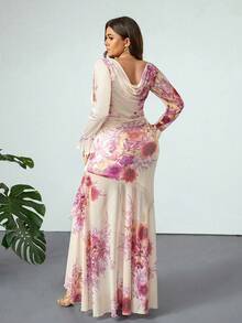 Firerie Plus Size Women's Asymmetrical Shoulder Long Sleeve Ruffle Sleeve Floral Print Fishtail Maxi Dress, Casual Vacation Party Dress, Spring/Autumn Floral Long Dress Flower Dress Woman Bohemian Dresses For Women Orchid Dress Resort Wear Women,Fall Clothes For Women