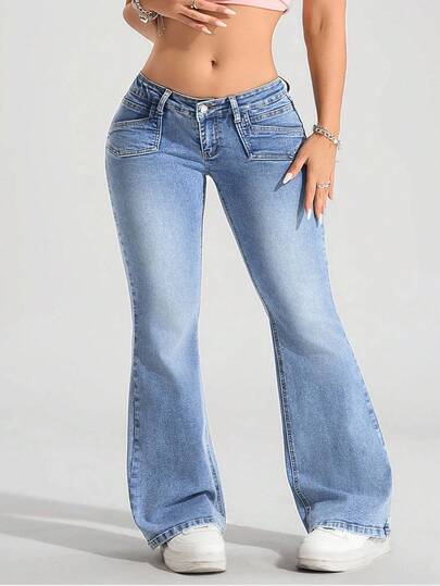 SHEIN ICON Plus Size Women's Retro American Style Blue Versatile Fashion Flared Jeans