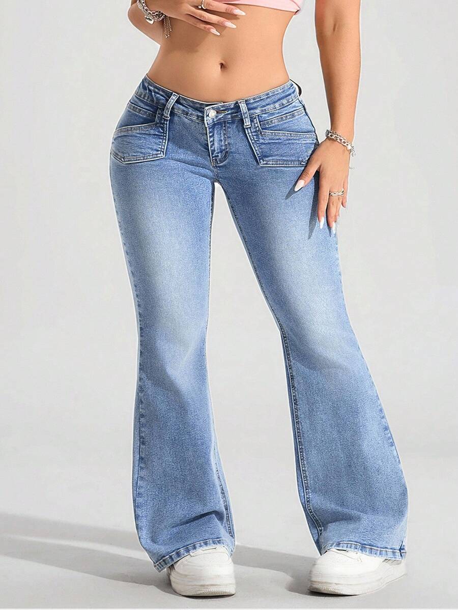 SHEIN ICON Plus Size Women's Retro American Style Blue Versatile Fashion Flared Jeans - Blue - View 1