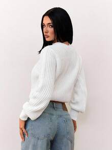 SHEIN Tall Suéter casual de mujer de unicolor con mangas farol, suéter acanalado blanco para otoño/invierno - Blanco - Ver 2