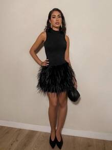 Glamine Charm 黑色高领人造毛皮拼接优雅俱乐部服装 - 黑色 - 查看 4