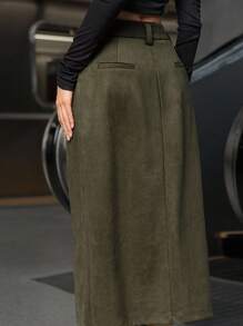 GENKIRA Váy dài vừa phải xếp ly giả cao cấp phong cách Âu Mỹ thanh lịch dành cho nữ - Màu xanh Ô liu - Xem 6