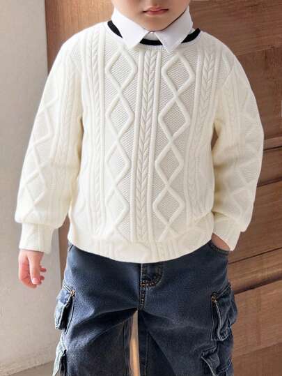 SHEIN 青少年男女童休闲菱格拼接彩色领长袖卫衣，白色，适合秋冬季