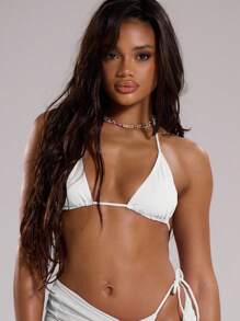 Musera Resort Áo bikini tam giác buộc dây sau cổ yếm cho kỳ nghỉ hè trên bãi biển, khu nghỉ dưỡng biển, gợi cảm, thanh lịch, lễ hội, cô dâu, tiệc độc thân, đám cưới, tiệc chia tay độc thân, kỳ nghỉ xuân. - trắng - Xem 3