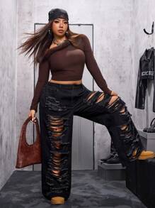 Flirla Plus Size Women Distressed Pocket Wide Leg Loose Casual Versatile Jeans - Black - View 5