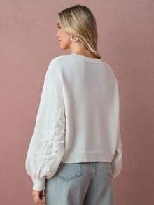 Enchnt Women's 3D Floral Decor Drop Shoulder Long Sleeve Knitted Cardigan In Fall/Winter - Apricot - View 7