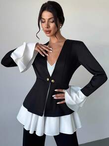 Firerie Damen eleganter, minimalistischer, anspruchsvoller Pendler-Blazer mit Metallschnalle in Taille-A-Linie, Schwarz-Weiß-Kontrast, figurbetont, Herbst/Winter - Schwarz und Weiss - Übersicht 5