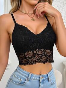 SHEIN 女式短款修身蕾丝吊带背心 - 黑色 - 查看 3