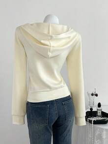 Elamini 女式休闲简约空气层纽扣连帽修身长袖运动衫，秋季 - 杏色 - 查看 2