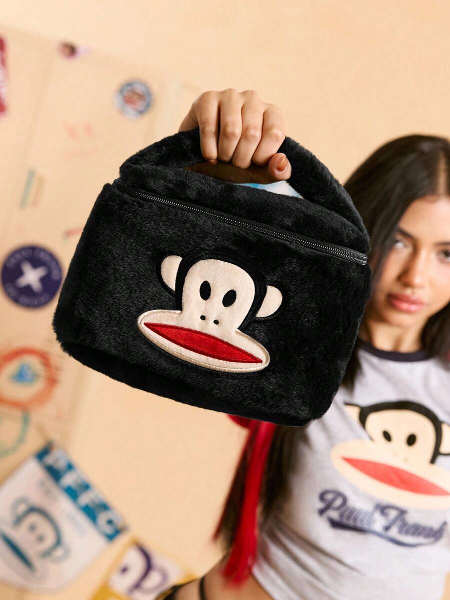 Paul Frank X SHEIN 1 件可爱毛绒猴子图案大容量圆柱化妆包，手提，超大空间，可存放化妆品瓶和日常用品，适合女性和青少年，猴子，时尚 - 黑色 - 查看 1