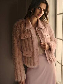 MOTF PREMIUM Áo khoác lông thú giả Tweed - Hồng - Xem 6