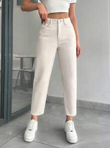 EURMUSE High Waist Basic Mom Fit Jeans - Beige - View 3