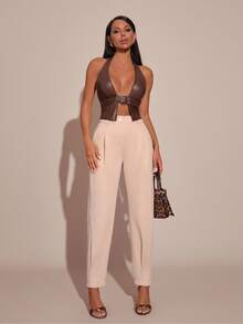 SHEIN Pantalon de costume plissé de couleur unie pour femmes - Beige - Voir 2