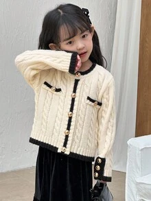 DAZY Cárdigan de cuello redondo con trenzado frontal de estilo coreano de punto de cable para niña, otoño e invierno - Blanco - Ver 9