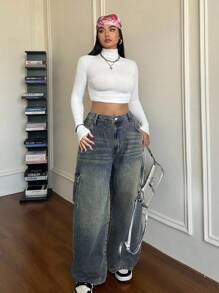 Dripcurv Plus Size Casual Loose Straight Leg Jeans, Blue Baggy Jeans Y2k Two Piece Denim Set Low Rise Jeans Cargo Jeans Wide Leg Jeans - Dark Wash - View 7