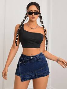 SHEIN ICON 女式蓝色时尚裹身休闲百搭牛仔短裙 - 深色水洗藍 - 查看 4