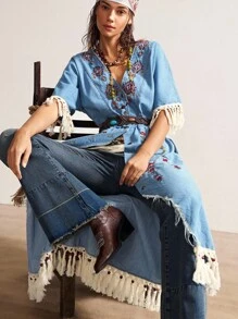 Bohemela 波西米亚风西部牛仔复古度假波西米亚刺绣休闲梭织女式牛仔连衣裙