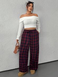 SHEIN EZwear 秋冬大码休闲格子裤 - 黑色 - 查看 5