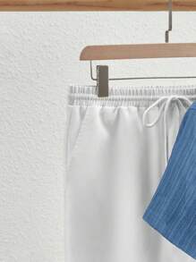 Manfinity NXTstreet 2pcs Men's Casual V-Neck & Stand Collar Short Sleeve Woven Shirt & Pants Set, Cozy Outfits - Blue - View 5