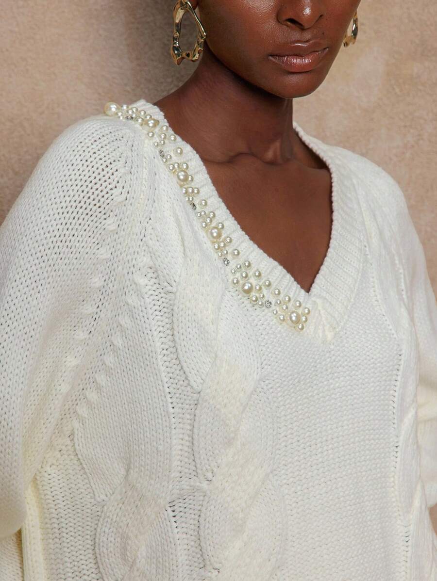 SHEIN Privé VITNOS Women's Elegant Beaded Faux Pearl Decor Pullover Cable Knit Sweater,Off-White Autumn Tea Party Holiday Vacation Chic Luxury French Elegance