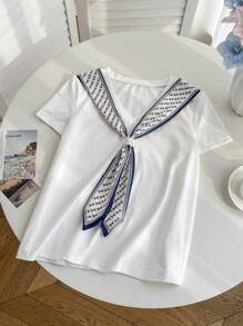 Franclia 女式 V 领短袖休闲百搭 T 恤，蝴蝶结领口设计