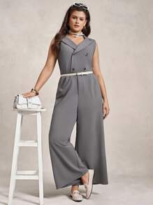 Zelara Plus Size Grey Solid Sleeveless Jumpsuit For Summer,Casual Bussines Semi Formal Work Clothes,Women Lapel Button Stretchy Homecoming Professional Sets - Grey - View 7