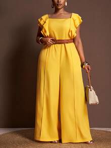 Veslaya 2025 新款女士曲线紧身连衣裤方领荷叶袖褶皱上衣高腰阔腿裤优雅裤套装 - 黃色 - 查看 9