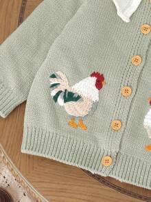 SHEIN Vintaside Kids 1pc Baby Girls' Pink Ruffle Collar Cardigan Sweater Jacket, Animal Embroidery Long Sleeve Casual Outerwear Baby Cardigan Baby Girl Cute Sweater Jacket Newborn Cardigans Baby Chicken Sweater Baby Rooster Cardigan Baby Chicken Cardigan Baby Farm Clothes Goose Baby Outfit Fall Winter - Green - View 5