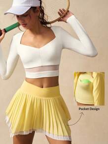 VARSIVA Women's Overlap Waist Pleated Asymmetrical Hem 2 In 1 Sports Skort Yellow Tennis Skirt Workout Skirt - Multicolor - View 1