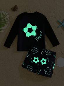 SHEIN 2pcs Young Boys Casual Fitted Basketball Luminous Pattern Tankini Swimming Suit, Suitable For Spring/Summer, Beach Vacation