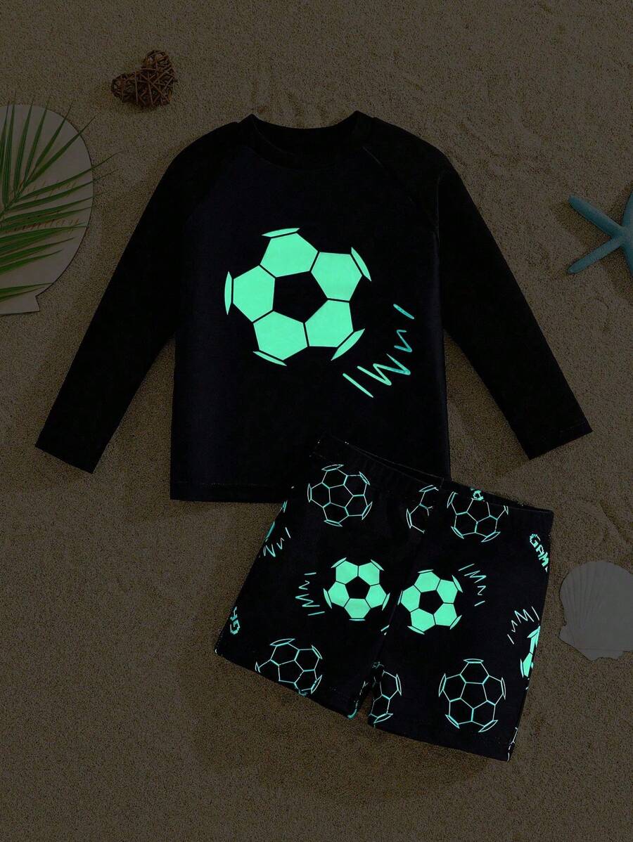 SHEIN 2pcs Young Boys Casual Fitted Basketball Luminous Pattern Tankini Swimming Suit, Suitable For Spring/Summer, Beach Vacation